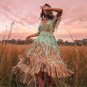 Spell & the Gypsy collective Hendrix tassel dress. Turquoise with gold tassels